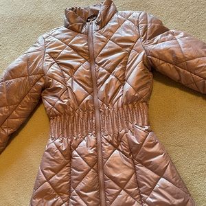 Guess zippered puff jacket in a shimmery light brown.